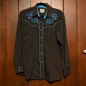 Vintage Black Western Shirt with Blue Embroidery